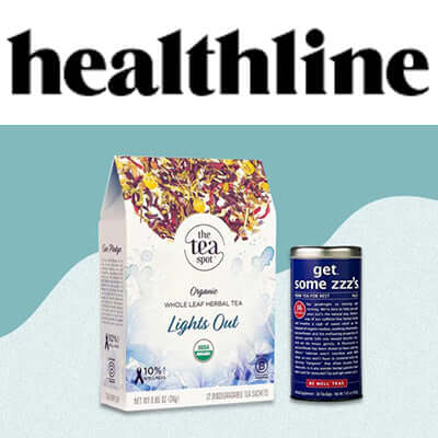 box of lights out herbal sleepy time tea sits next to a tin of get some zzz's tea