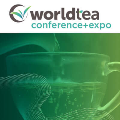 world tea conference expo logo with graphic of tea being poured into a teacup