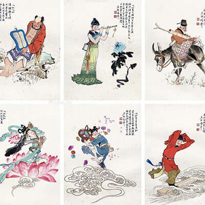 six traditional images of legendary deities who inspired 8 immortals tea