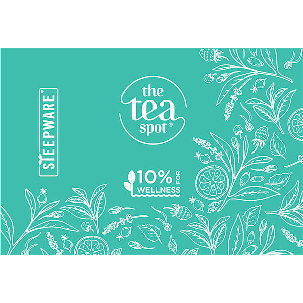the tea spot gift card with botanical art printed on green background that notes steepware and 10% for wellness