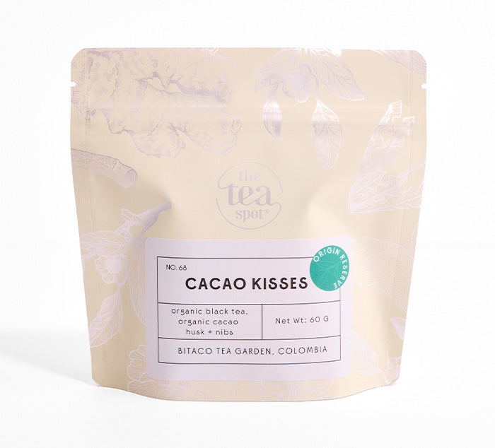 Tea package labeled 'Cacao Kisses' with a white background