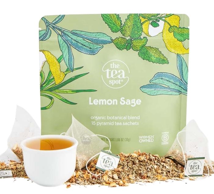 Tea package labeled 'Lemon Sage' with tea bags and a cup of tea on a white background