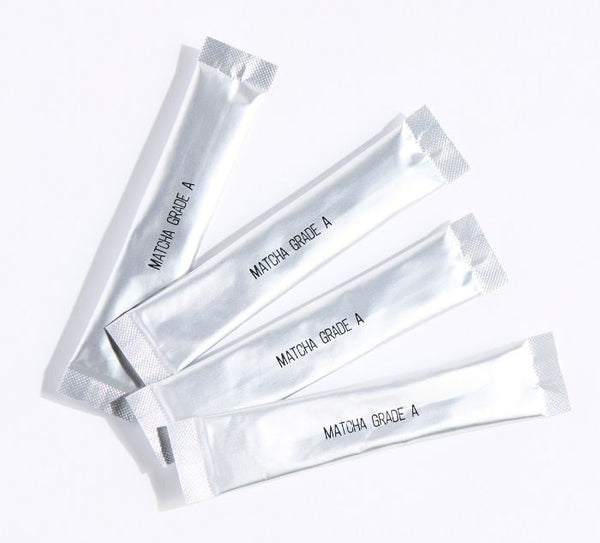 four foil wrapped packages of ceremonial matcha grade A