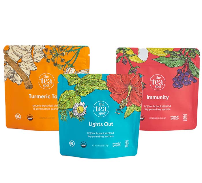 Three bags of evening tea reading Turmeric Tonic, Lights Out, and Immunity for evening rest