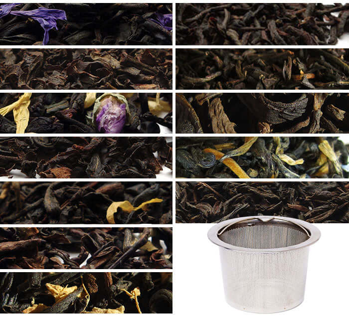 Loose leaf tea selection with stainless steel tea filter basket from Black Tea Club Quarterly Box. Best tea for every season.