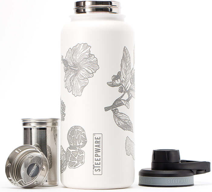Himalayan 32oz Stainless Steel Travel Bottle with tea infuser and plastic lid