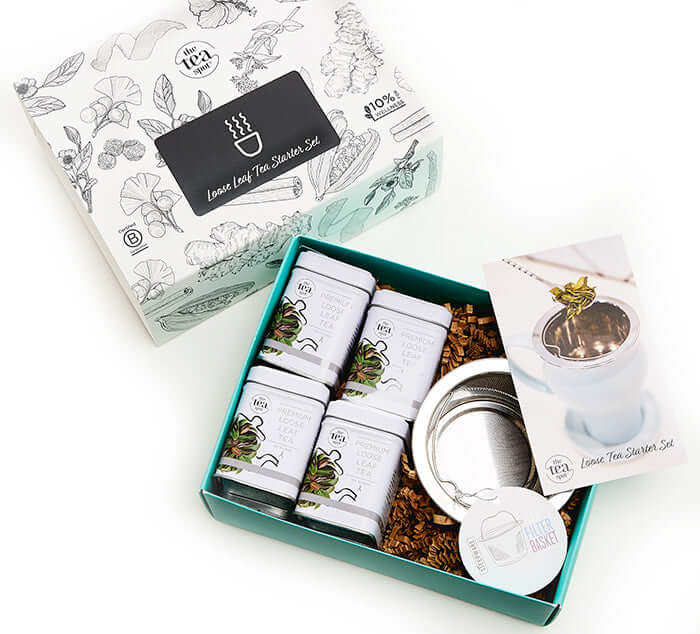 Loose Tea Starter Set with metal tea infuser and mini tin blends, perfect for enjoying loose leaf tea anywhere. Best tea gift set.