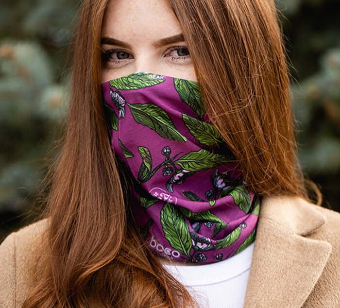 person wears boco gear Tea Spot Neck Gaiter